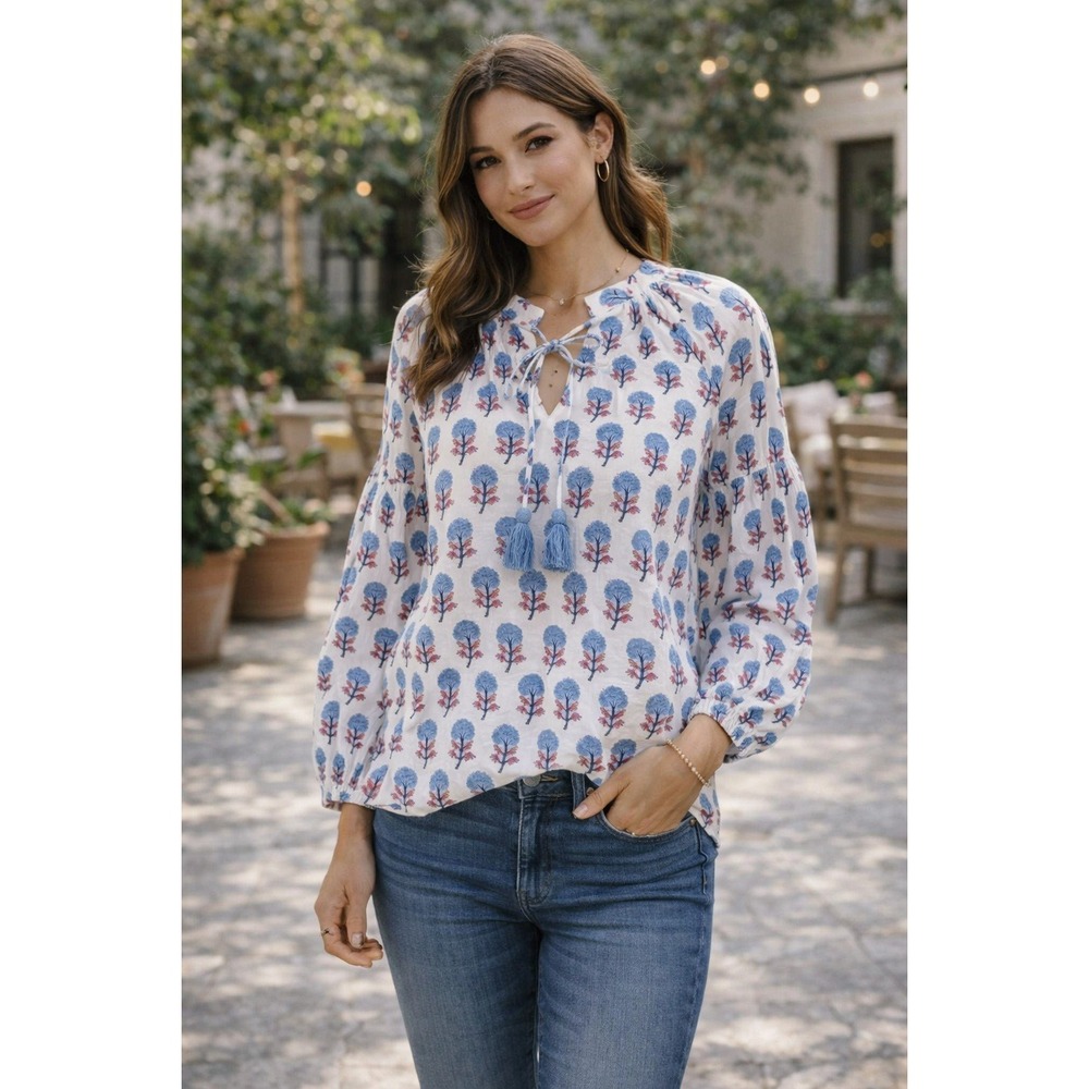 Ophelia & Indigo Floral Tassel Tie Neck‎ Blouse Long Sleeve White Blue Size XS